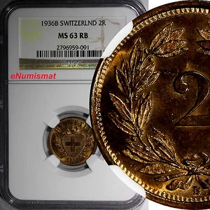 Schweiz Bronze 1936 B 2 Rappen NGC MS63 RB ROT Auflage - 500.000 KM4.2a (091) - Bild 1 von 4