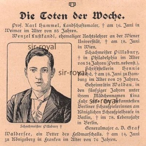 Maestro de ajedrez Harry Nelson Pillsbury - Notificación de muerte - 1906 ~9x9 cm - Imagen 1 de 1