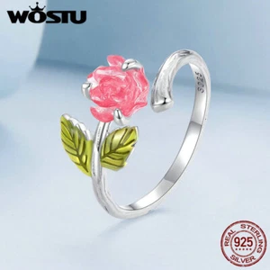 Wostu 925 Sterling Silver Enamel Rose Flower Adjustable Ring Party Women Gift - Picture 1 of 16