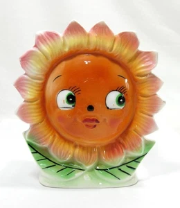 Maceta de bolsillo de pared con flores antropomórficas vintage PY Miyao naranja rosa Japón - Imagen 1 de 11