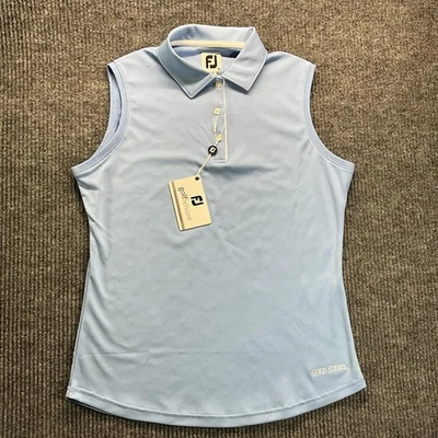 Camisa polo feminina FootJoy azul claro média sem mangas golfe dourada Strike Top - Imagem 1 de 4