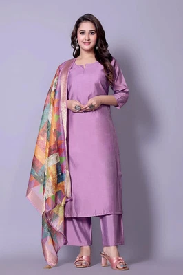Conjunto Feminino Chanderi Seda Kurti – Kurta Reta com Calça e Dupatta Moda - Imagem 1 de 4