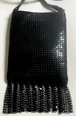 Bolso de Mano de Noche Glomesh Negro De Colección Flecos 18" Cierre Magnético Gota Foto 1 de 4