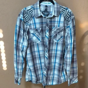 Camisa Western Roar Signature Talla XL Azul Blanco Bordada a Cuadros Botones - Imagen 1 de 13