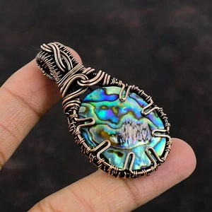 Birthday Gift For Her Abalone Shell Wire Wrapped Pendant Copper Jewelry 2.48" - Picture 1 of 6