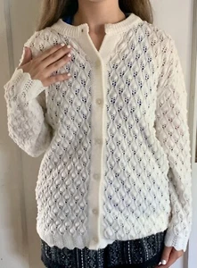 Vintage BJ Barnett Wintuk Orlon M/L White Cabled Cardigan Button Front Granny** - Picture 1 of 12