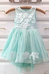 Btween Sz4 Seafoam Green Party Dress Floral Pearl Accent Tulle Overlay Lined - Picture 1 of 7
