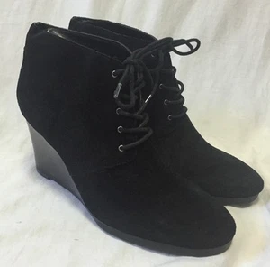 Franco Sarto Weston Women's Black Suede Ankle Boots 11M Wedge Heels Lace Ups EUC - Picture 1 of 6