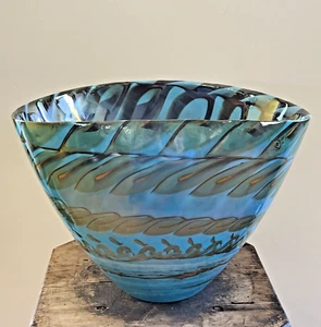 Yalos Murano Art Glass Belus Turquoise Blue Vase Bowl Handmade Iridescent Italy - Picture 1 of 12