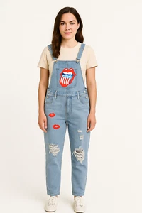 Mislook Denim Bib Overalls Jeans Mouth Tongue Lips Hippie Boho Distressed Size S - Picture 1 of 10