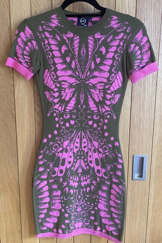 Splendido abito Alexander McQueen McQ kaki rosa elasticizzato in maglia intarsiata BMWT XS