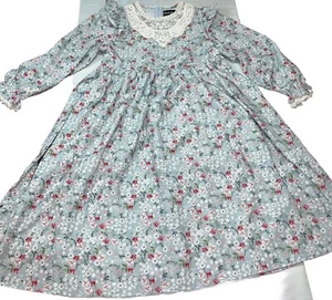 Scarlet Darkness BLUE Girls 8 Floral DRESS LACE Neck Ruffles, Prairie Victorian - Picture 1 of 17