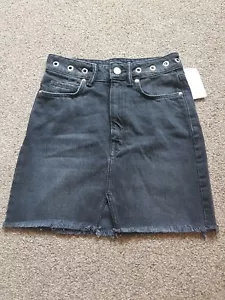 All Saints Black Denim Mini Distressed Skirt Size UK 2 EUR 30 16y BNWT - Picture 1 of 3