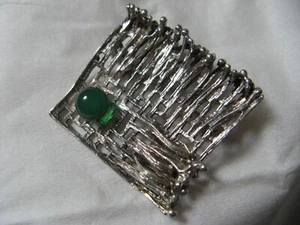MODERNIST BRUTALIST BROSCHE 925 SILBER HANDARBEIT GRÜNER STEIN CHRYSOPRAS - Bild 1 von 9