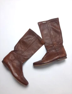 Prada Sport Brown Perforated Soft Leather Mid Calf Flat Boots Size 37 - Picture 1 of 24