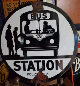 1940's BUS STATION POLICE DEPT TROLLEY PORCELAIN DOUBLE SIDED SIGN New Jersey NJ - Picture 1 of 7