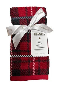Bianca 2 Pc Fingertip Towels Christmas Holiday Plaid Cotton 11x18” Made Portugal - Picture 1 of 6