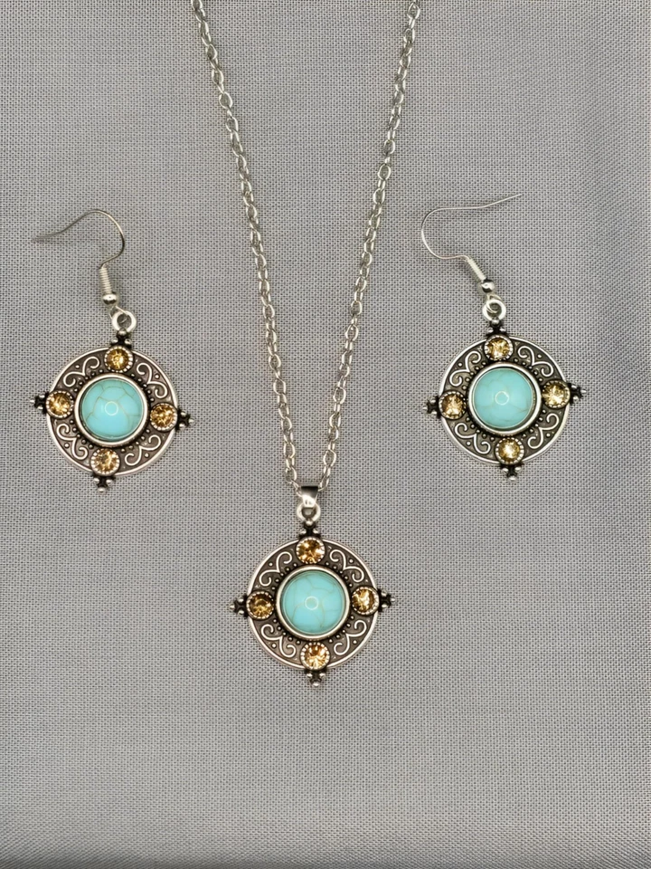 Conjunto de aretes collar vintage turquesa con incrustaciones de gemas amarillas para mujer Foto 1 de 1