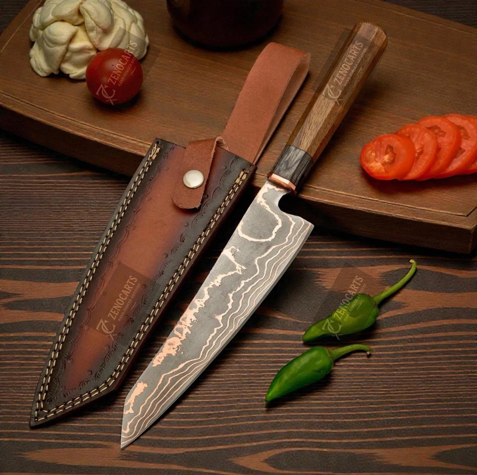 Cuchillo de chef Damasco de cobre forjado a mano, cuchillo de cocina Cu Mai Full Tang Foto 1 de 4