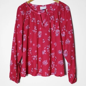 Universal Thread Cotton Poet Balloon Long Sleeve Blouse Red White Floral Boho L - Picture 1 of 5