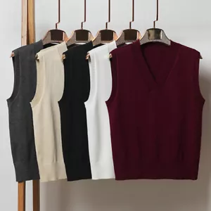 Womens Knit Sleeveless Vest Knitted Jumper Tank Top Winter Sweater Waistcoat | - Picture 1 of 17