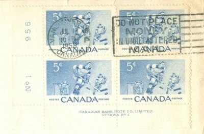 Canadá 5c ICE HOCKEY Número de placa y nombre de impresora Bloque de 4 en portada a EE. UU. Foto 1 de 2