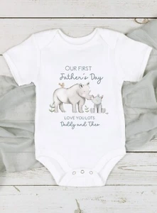 Our First Father's Day Rhinos Blue 2023 Personalised | Babygrow or Baby Vest - Picture 1 of 5