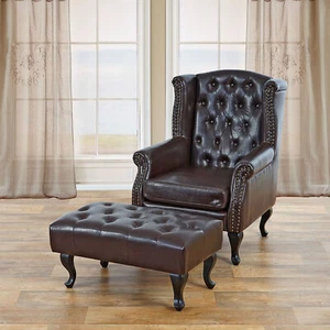 Sillón de orejas sillón de relajación sillón Chesterfield cuero sintético antiguo marrón con otomano - Imagen 1 de 7