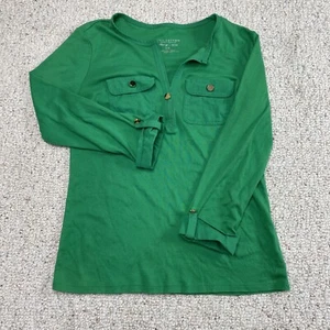 Charter Club Womens T Shirt sz S Petite Green Henley Roll Tab Sleeve Stretch - Picture 1 of 13
