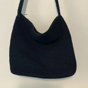 The Sak Crochet Zip Top Handbag Black 12x10" Shoulder Bag Purse Grandmacore - Picture 1 of 6