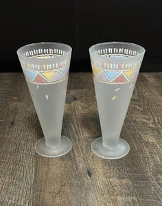 Vtg Pilsner Shape Parfait Satin Glass Confetti Pastel Band France Set of 2 - Picture 1 of 8