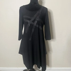 SUN LIGHT T3 Black Stretchy Asymmetrical Hem Langenlook Tunic Midi Dress - Picture 1 of 14