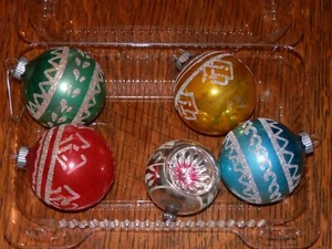 Vintage 2" Glass Christmas Ornaments - (4) Frosted Designs, (1) Indent w/Frosted - Picture 1 of 2
