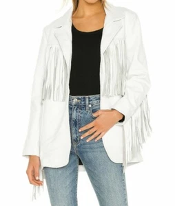 Women's White Blazer 100% Real Lambskin Leather Fringes Jacket Custom Made Coat - Picture 1 of 8