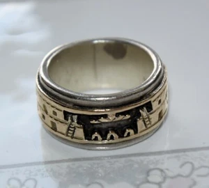 Vtg Native American Southwestern 14K Gold & Sterling Pueblo Scene Wide Band Ring - Picture 1 of 21