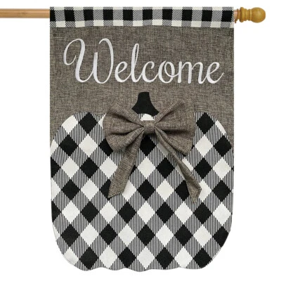 Black and White Pumpkin Burlap Fall House Flag Autumn Welcome Checkered 28"x40" - Image 1 of 3