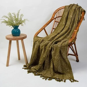 Olive Green Hand Block Print Throw Blanket Indian Cotton Sofa Bed Couch Blanket - Picture 1 of 7