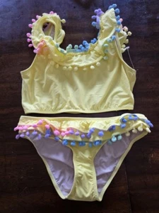 NWT Pilyq 16 Girls Swim Cabana Sun Yellow Pom Pom Bikini Set 125128 - Picture 1 of 3