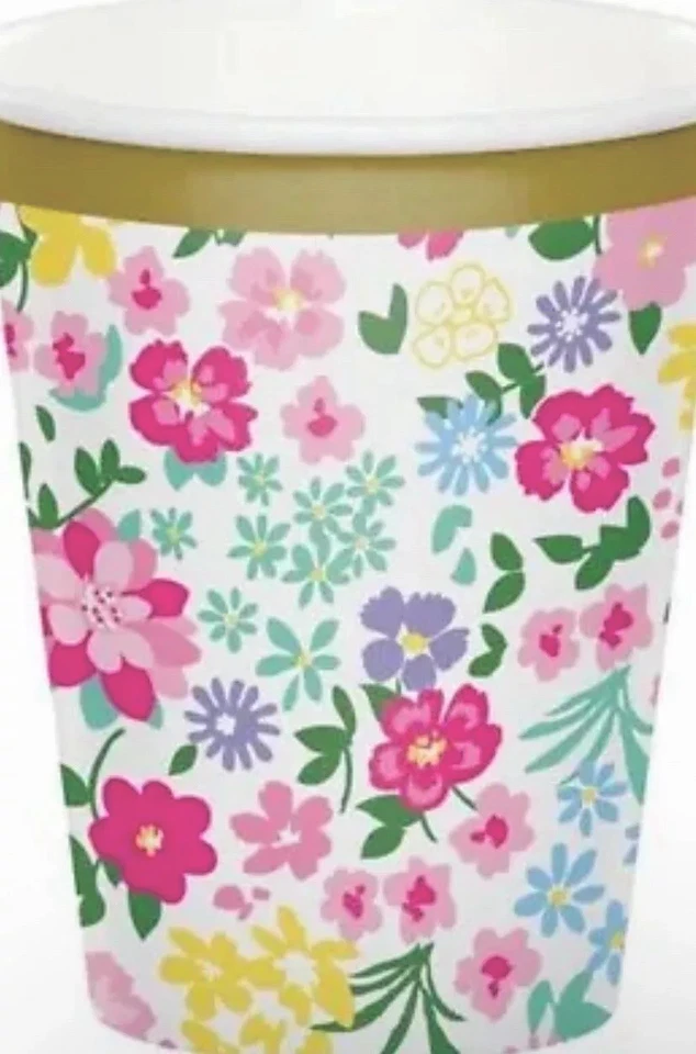 Paquete de 8 tazas de papel frías/calientes florales para fiesta de té de 9 oz vajilla para fiesta de cumpleaños Foto 1 de 2