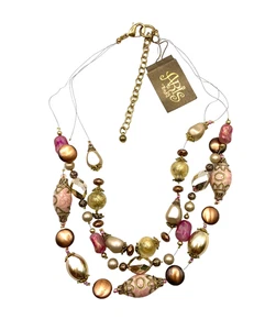 Aris By Treska Layered Necklace Pink Gold Silver Beaded Statement Multi Strand - Picture 1 of 24