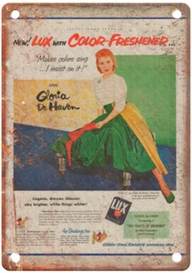 Antiguo letrero de metal de aspecto retro de anuncio de Gloria De Haven 1951 jabón de lavandería LUX ZF531 - Imagen 1 de 2