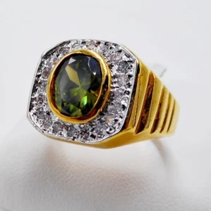 MEN RING GREEN PERIDOT SYN 24K YELLOW GOLD FILLED GP SOLITAIRE BUSINESS SZ 7 - Picture 1 of 4