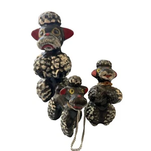 Vintage Japan 3 Piece Black Poodle Set 2 Connected Chain Mom Puppies - Picture 1 of 6
