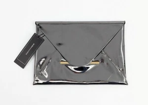 BCBGMAXAZRIA Clutch Bag Harlow Gunmetal Mirror Envelope Pouch Vegan Leather Glam - Picture 1 of 21