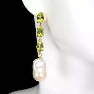 925 Sterling Silver Earrings Oval Peridot 7x5mm Pearl Gemstone Jewelry - Picture 1 of 9