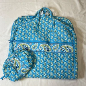 Vera Bradley Bermuda Blue Paisley Quilted Hanging Garment Bag matching Makeup Bg - Picture 1 of 22