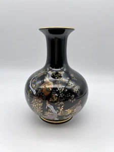 Vintage Otagiri Japanese Peacock Cherry Blossom Black Gold Ceramic Vase 7.5" - Picture 1 of 6