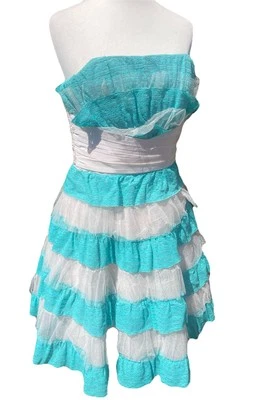 Raro De Colección Y2K Betsey Johnson Fiesta del Té Tul Encaje Blanco Azul Sin Tirantes Baile de graduación 6 Foto 1 de 4