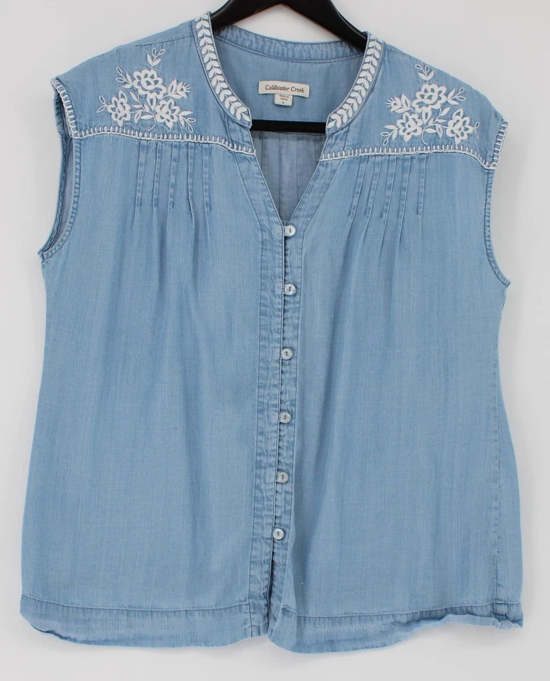 Camisa Coldwater Creek Feminina Grande Sem Mangas Bordada Lyocell Floral Azul - Imagem 1 de 4