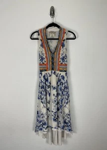 Fuzzi Floral Overlay Hi-Lo Dress Size Small Blue Beige Sleeveless Stretch Flowy - Picture 1 of 9